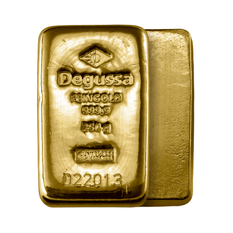Goudbaar 250 gram Degussa angle 1