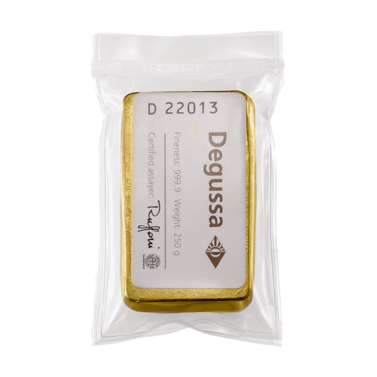 Goudbaar 250 gram Degussa angle 3