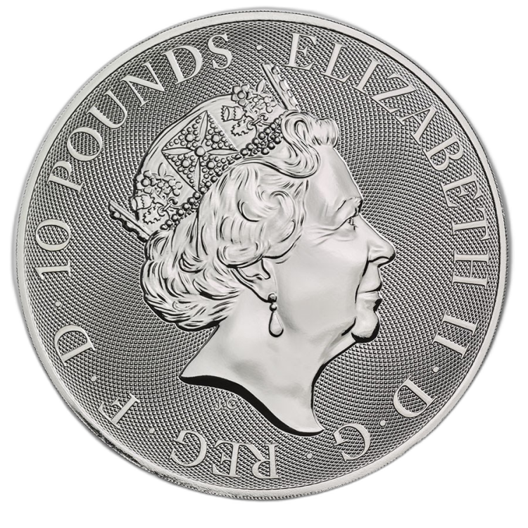 10 Troy ounce zilveren munt Queens Beasts Yale achterkant
