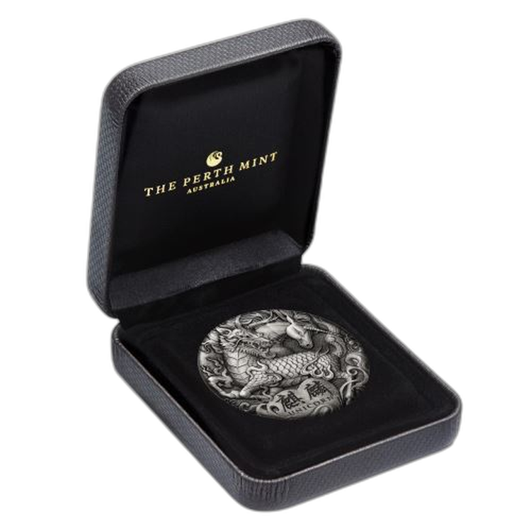2 troy ounce zilveren munt Qi Lin Unicorn antieke afwerking 2018 achterkant