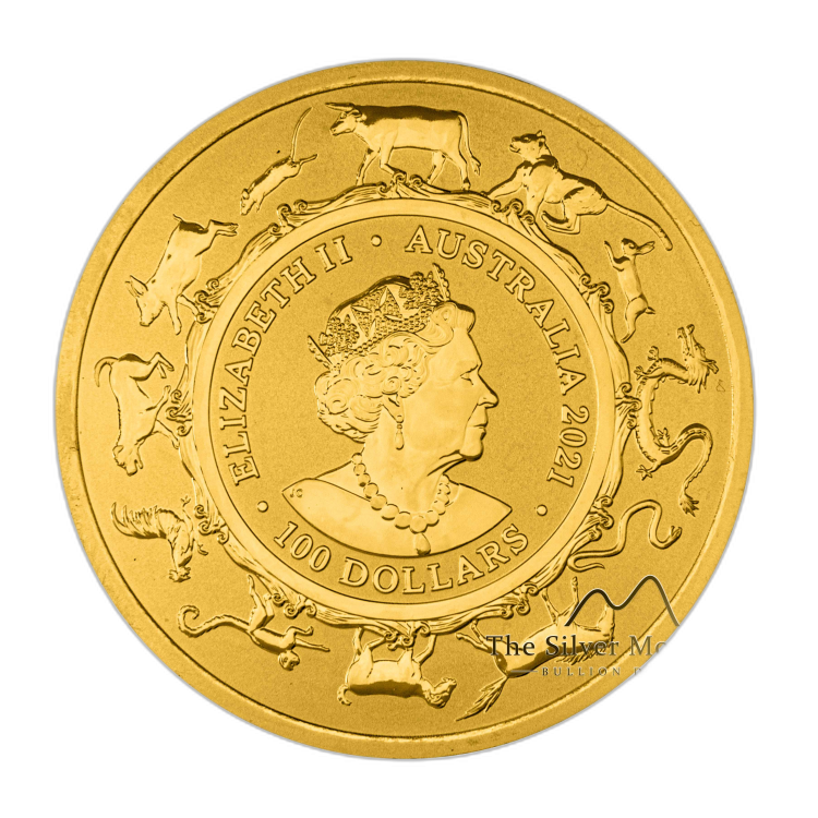 1 troy ounce gouden munt Lunar RAM serie Os 2021 achterkant