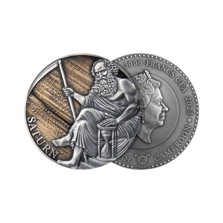 3 troy ounce zilveren munt Saturnus planeten en goden serie 2021 perspectief 1