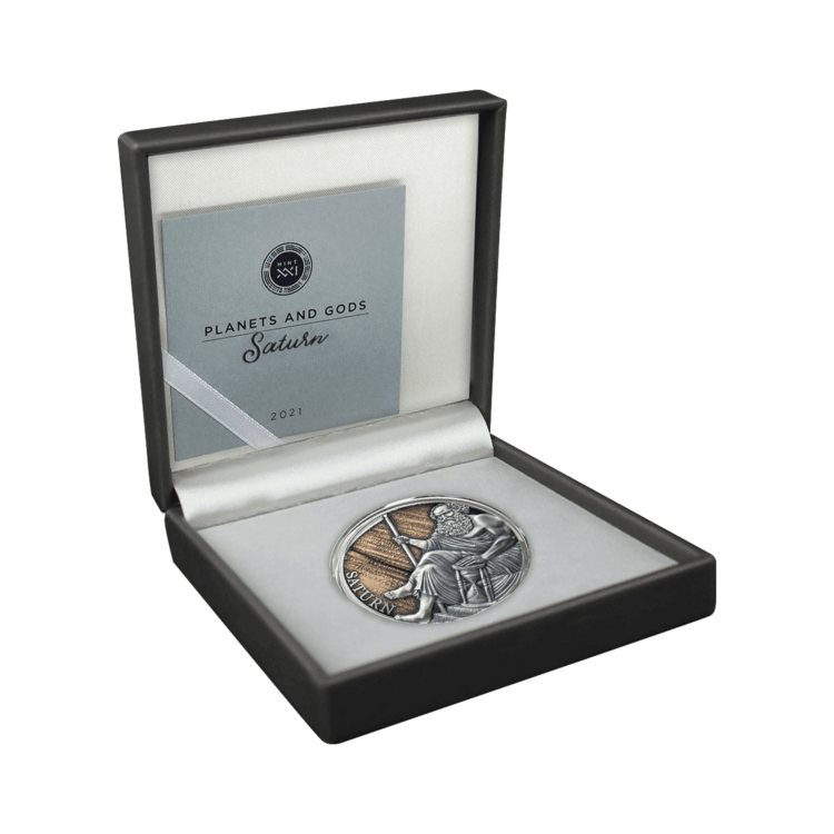 3 troy ounce zilveren munt Saturnus planeten en goden serie 2021 perspectief 3