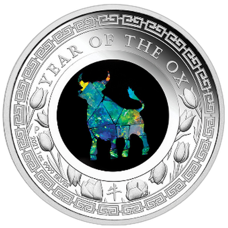 1 troy ounce zilveren munt Opal Lunar jaar van de Os 2021 perspectief 2