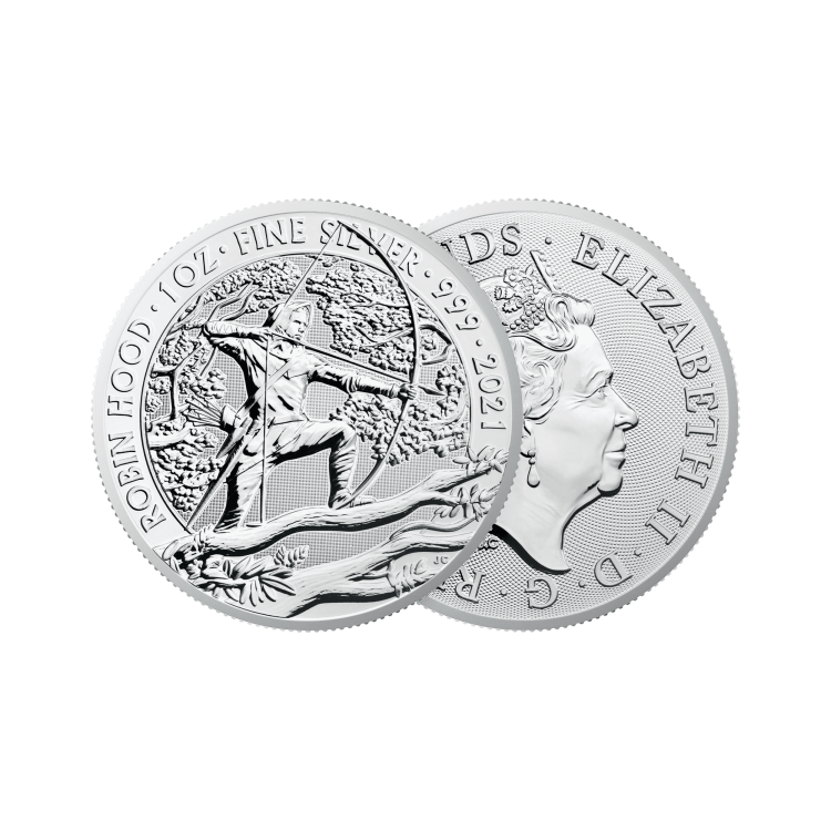 1 troy ounce silver coin Robin Hood 2021 angle 1