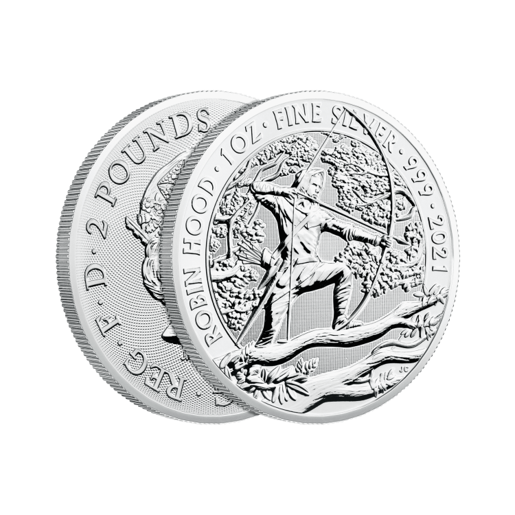 1 troy ounce silver coin Robin Hood 2021 angle 2