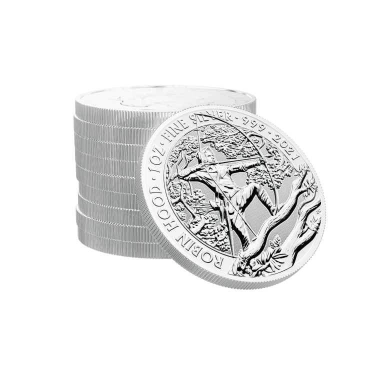 1 troy ounce silver coin Robin Hood 2021 angle 3