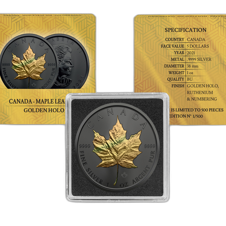 1 troy ounce zilveren munt gouden holo serie Maple Leaf 2021 perspectief 1