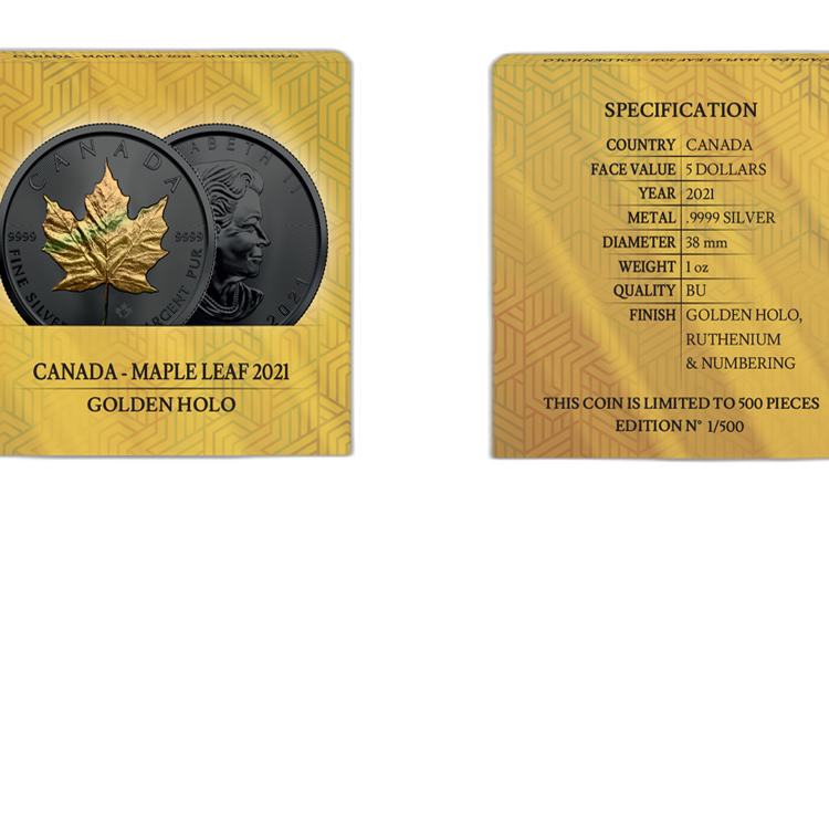 1 troy ounce zilveren munt gouden holo serie Maple Leaf 2021 perspectief 2