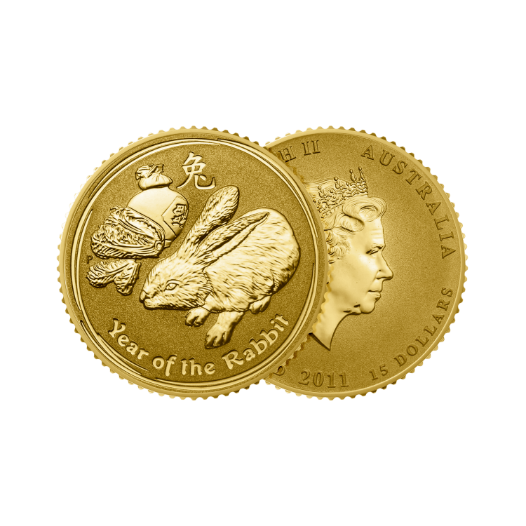1/10 Troy ounce gouden munt Lunar 2011 perspectief 1