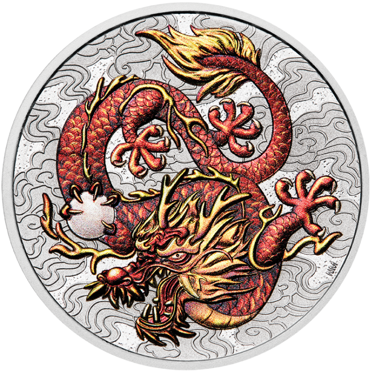 Silver coin Chinese myths and legends dragon colored 2021 angle 1