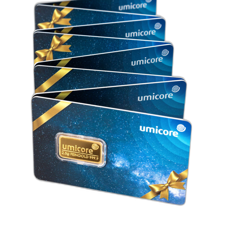 2,5 gram goudbaar Umicore geschenkkaart perspectief 1