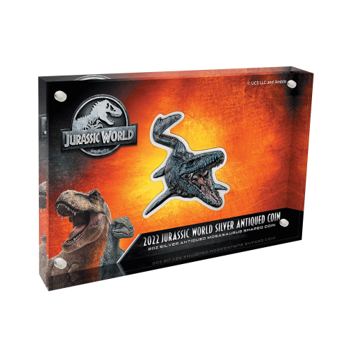 2 oz zilveren antiqued Mosasaurus shaped munt voorkant