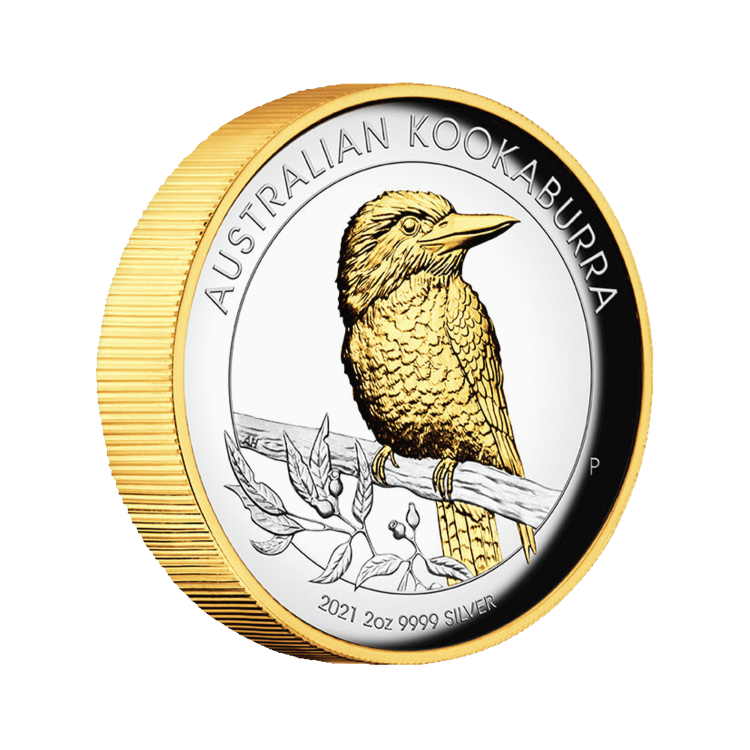 2 troy ounce gold gilded silver coin Kookaburra 2021 Proof angle 1