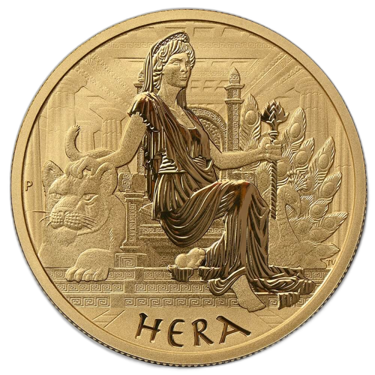 1 troy ounce gouden munt goden van Olympus Hera 2022 voorkant