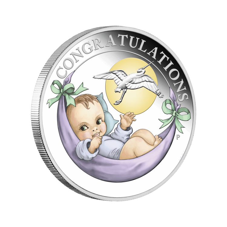Zilveren Newborn Baby munt proof perspectief 1