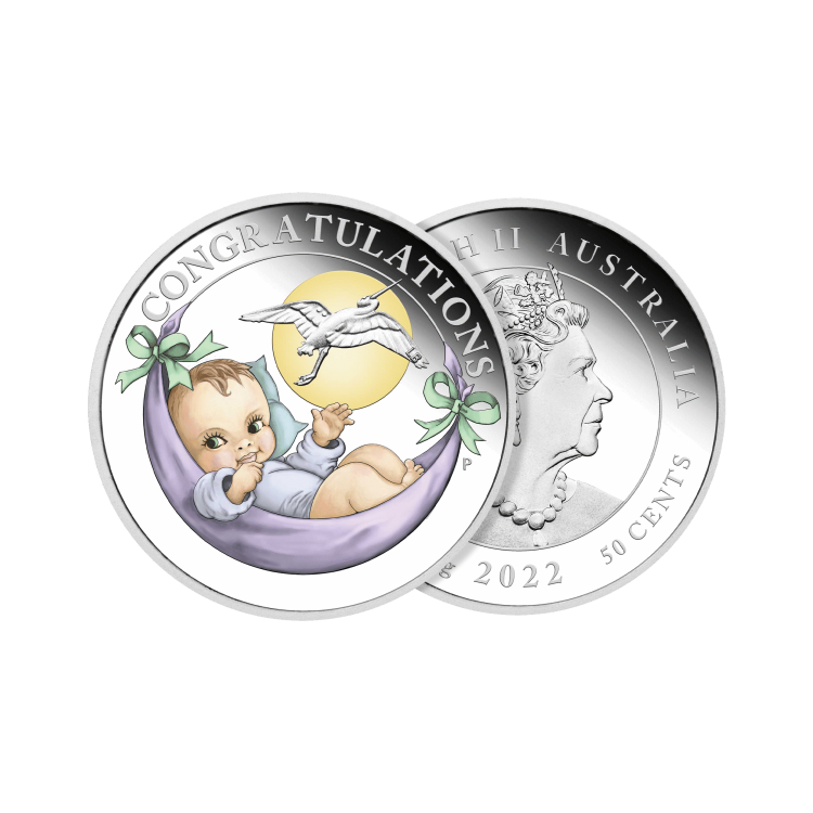 Zilveren Newborn Baby munt proof perspectief 2