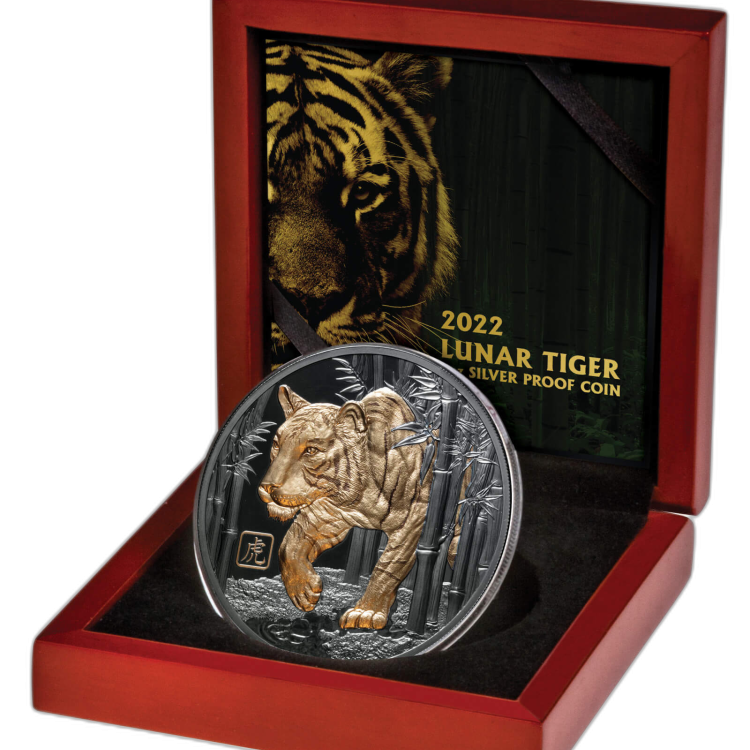 5 troy ounce silver coin year of the tiger black 2022 Proof back