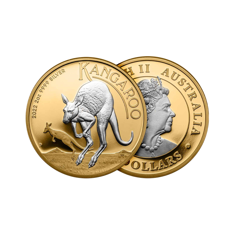 2 troy ounce zilveren Kangaroo munt verguld perspectief 1