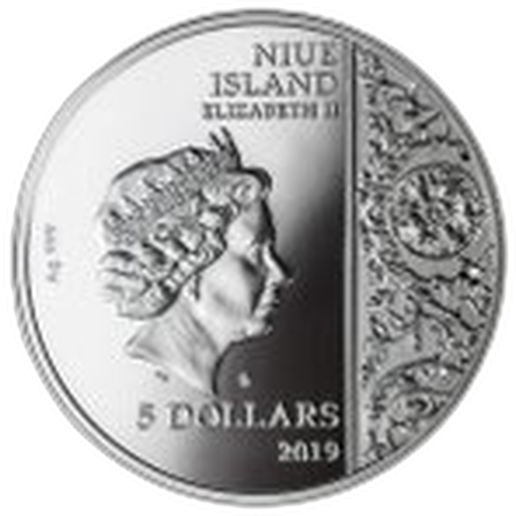 2 troy ounce zilveren PIETA Masterpieces of Sculptural 5$ Niue 2019 achterkant