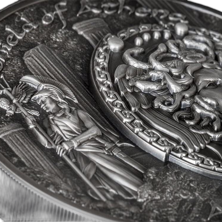 2 troy oz zilveren munt Shield of Athena Aegis Mythology 5$ Niue 2018 back