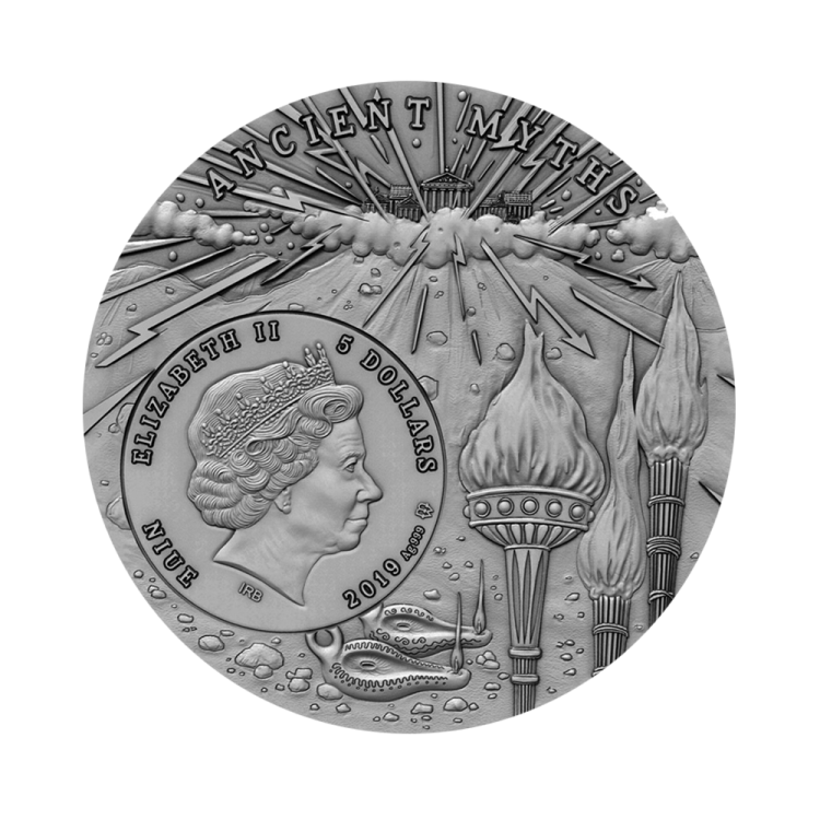 2 troy ounce zilveren Promentheus Ancient Myths 5$ Niue 2019 achterkant