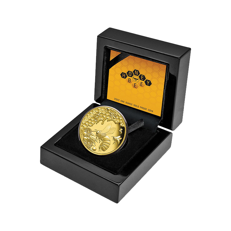 1 troy ounce gouden honey bee proof munt - 200th anniversary angle 1