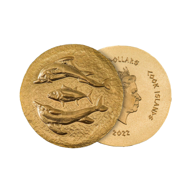 0.5 gram gouden munt dolfijn & tonijn Cyzicus 2022 angle 1