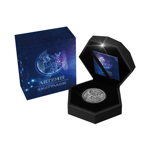 2 troy ounce zilveren munt de 12 olympiers in de dierenriem – Artemis vs Sagittarius voorkant