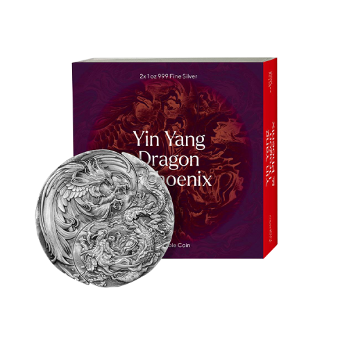 2-delige set zilveren munten Yin Yang antieke afwerking voorkant