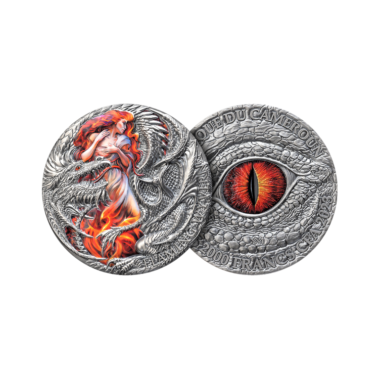 2 troy ounce zilveren munt Dragonology serie - Flaming Wyvern 2023 - antieke afwerking perspectief 1