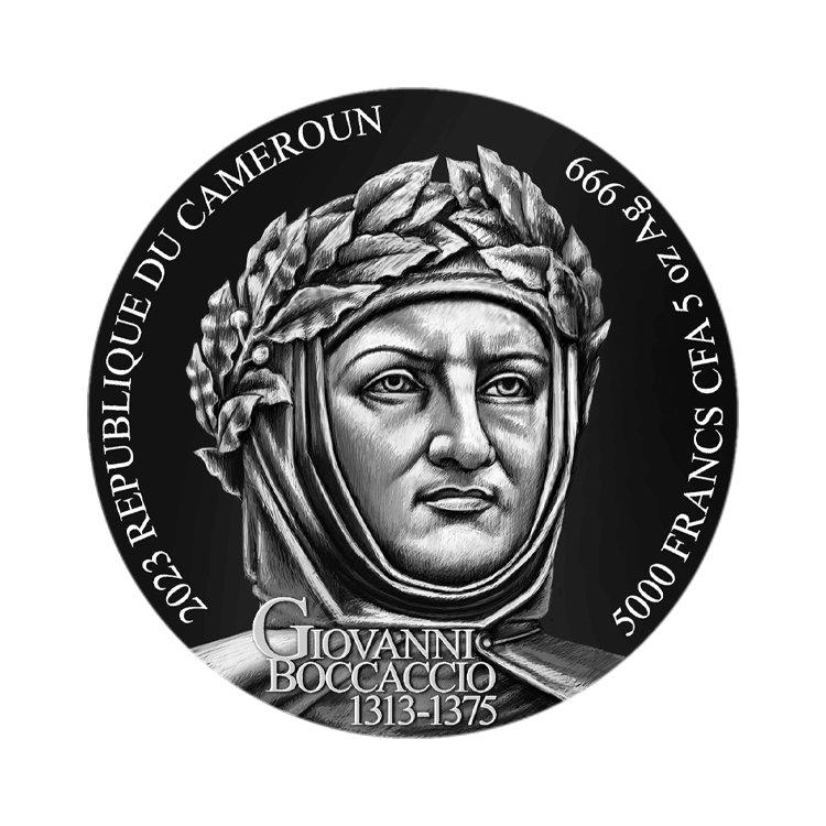 5 troy ounce zilveren munt De Decameron 2023 - antieke afwerking achterkant
