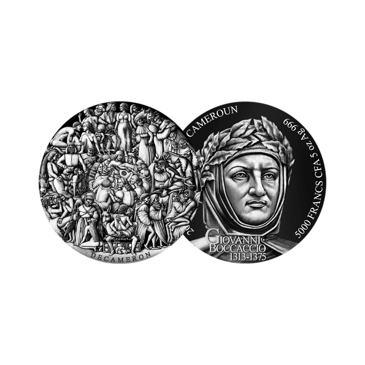 5 troy ounce zilveren munt De Decameron 2023 - antieke afwerking perspectief 1