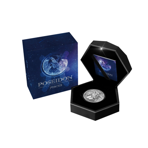 2 troy ounce zilveren munt 12 olympiers in de dierenriem - Poseidon vs Pisces voorkant