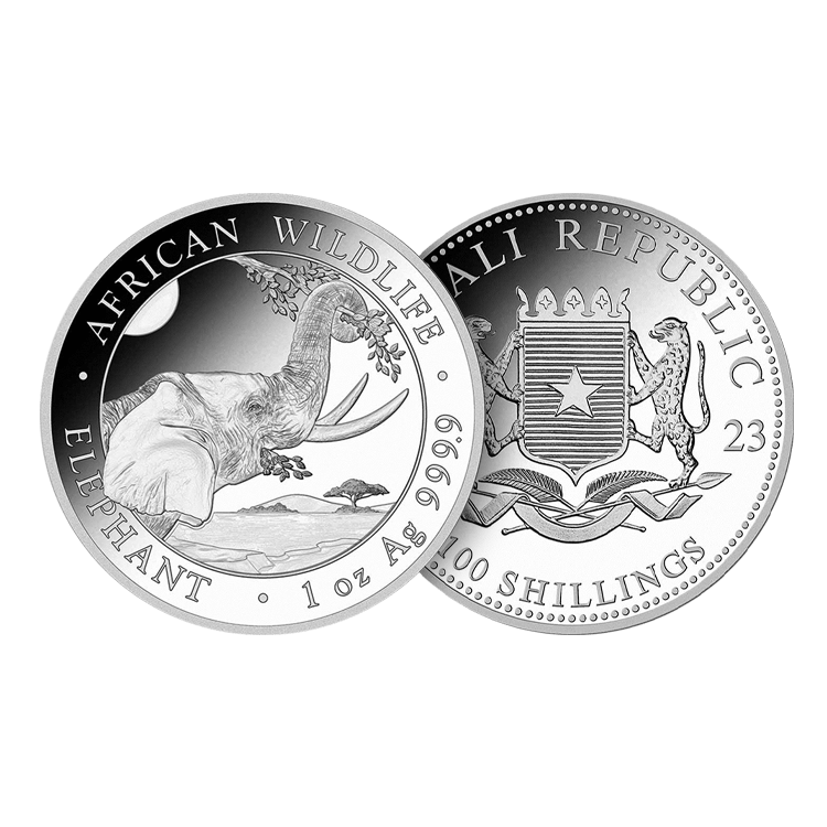 1 troy ounce zilveren African Wildlife Somalische Olifant munt 2023 perspectief 1