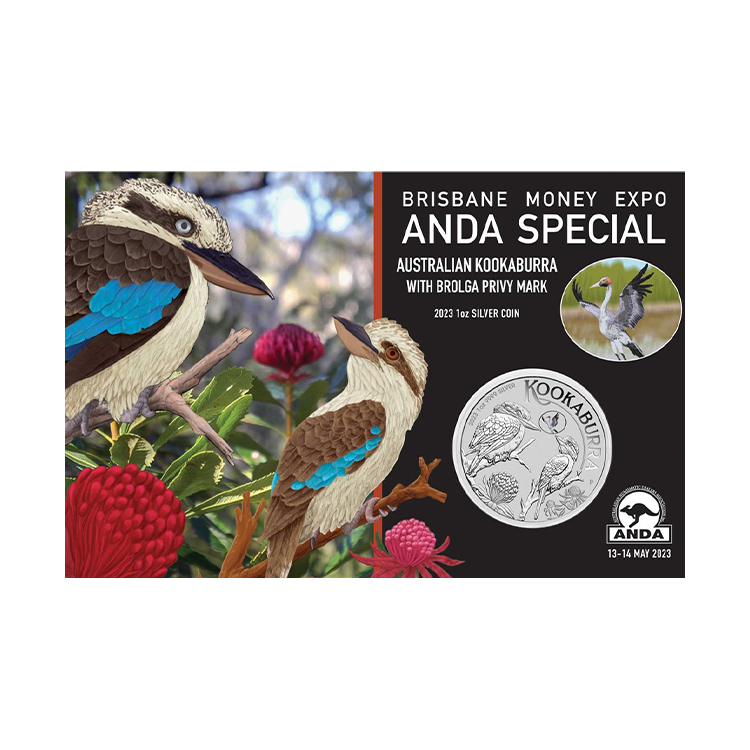 1 troy ounce zilveren munt Kookaburra met Brolga Privy Mark 2023 perspectief 2