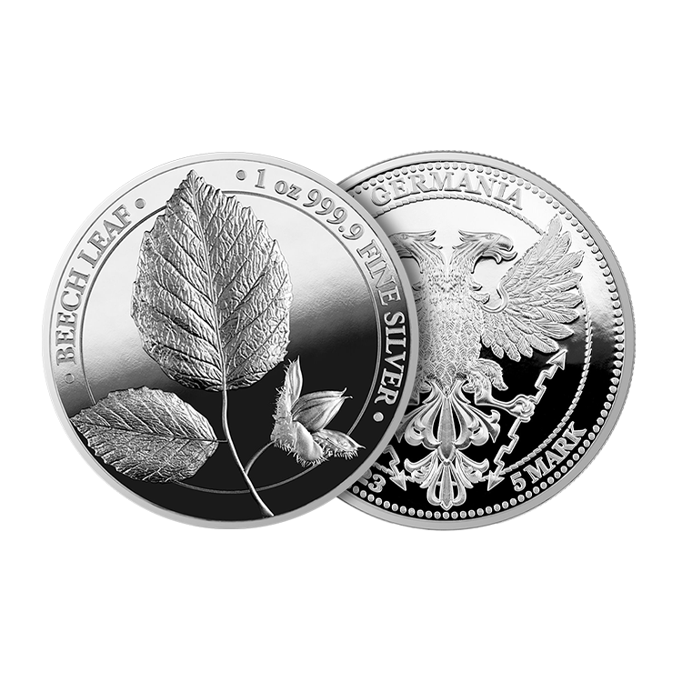1 troy ounce silver coin Mythical Forest Beech Leaf 2023 proof angle 1