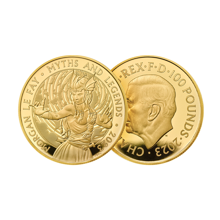 1 troy ounce gouden Morgan Le Fay proof munt 2023 perspectief 1