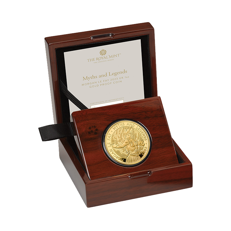 1 troy ounce gouden Morgan Le Fay proof munt 2023 perspectief 2