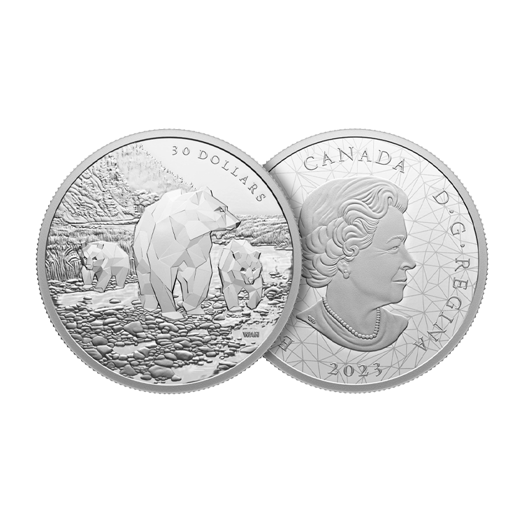 2 troy ounce silver Canada Animal Family Grizzly Bears 2023 proof coin angle 1