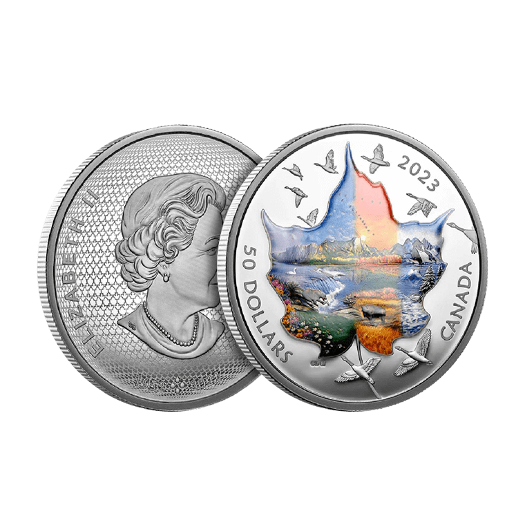 3 troy ounce silver Canadian Collage Four Seasons colored 2023 proof coin angle 1