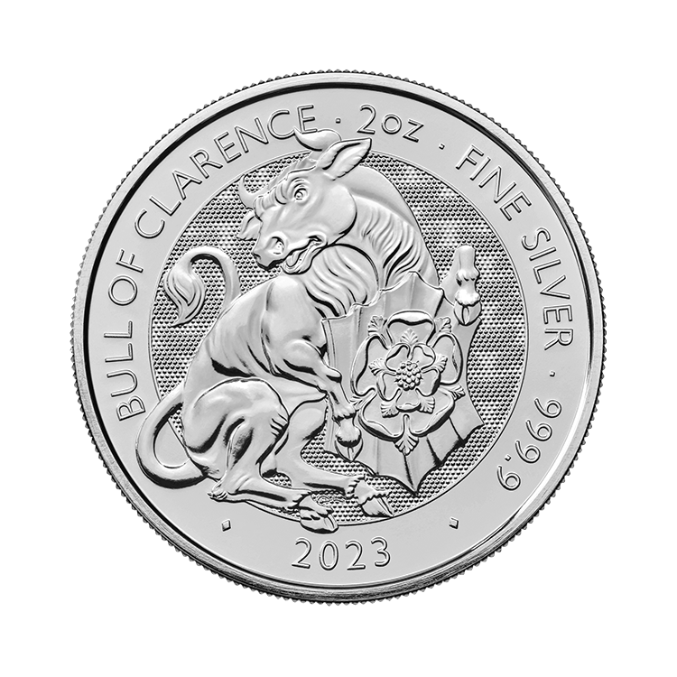 2 troy ounce zilveren munt Tudor Beasts Bull of Clarence 2023 voorkant