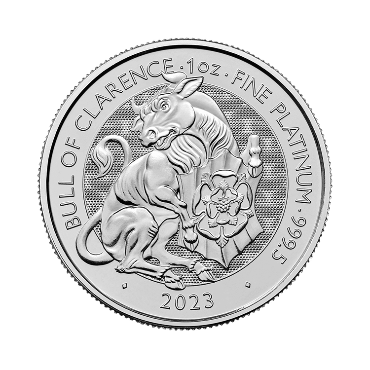 1 troy ounce platina munt Tudor Beasts Bull of Clarence 2023 voorkant