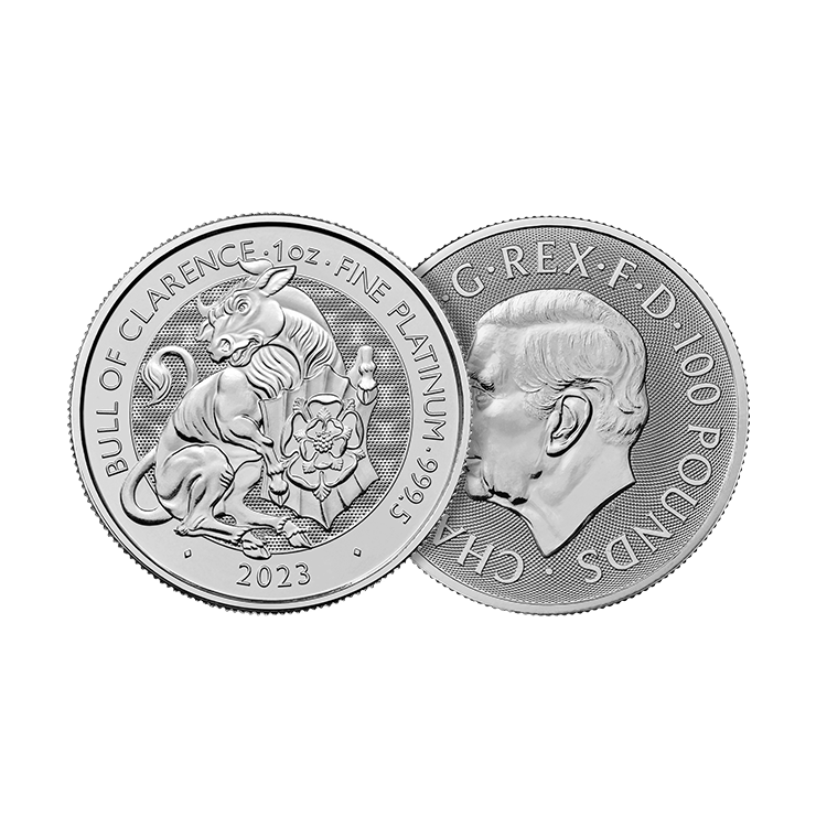 1 troy ounce platina munt Tudor Beasts Bull of Clarence 2023 perspectief 1