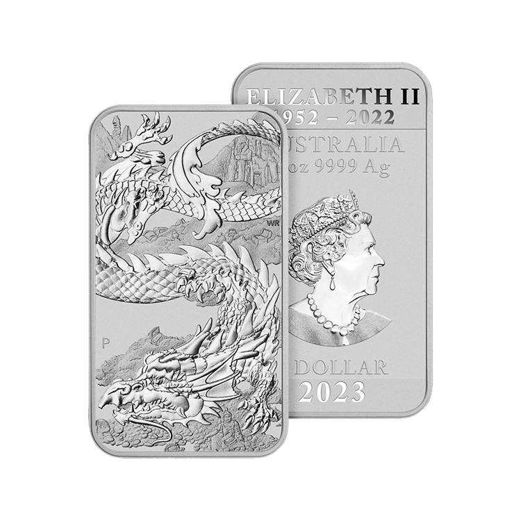 1 troy ounce silver coinbar Rectangular Dragon 2023 angle 1