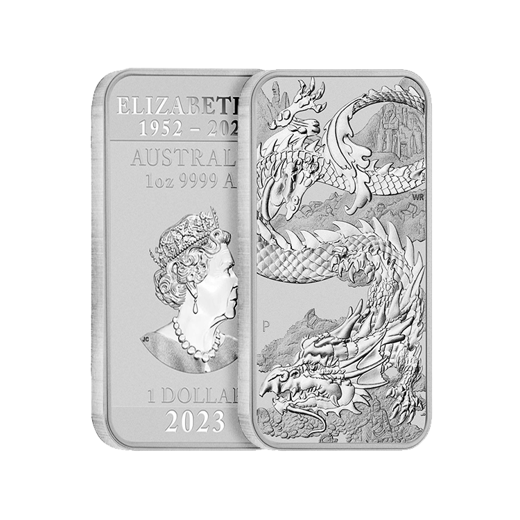 1 troy ounce silver coinbar Rectangular Dragon 2023 angle 2