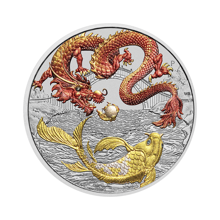 1 troy ounce zilveren Chinese Myths and Legends - red Dragon & Koi munt 2023 voorkant