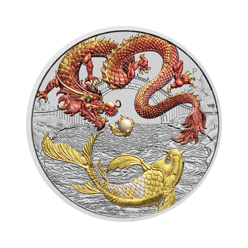 1 troy ounce zilveren Chinese Myths and Legends - red Dragon & Koi munt 2023 voorkant