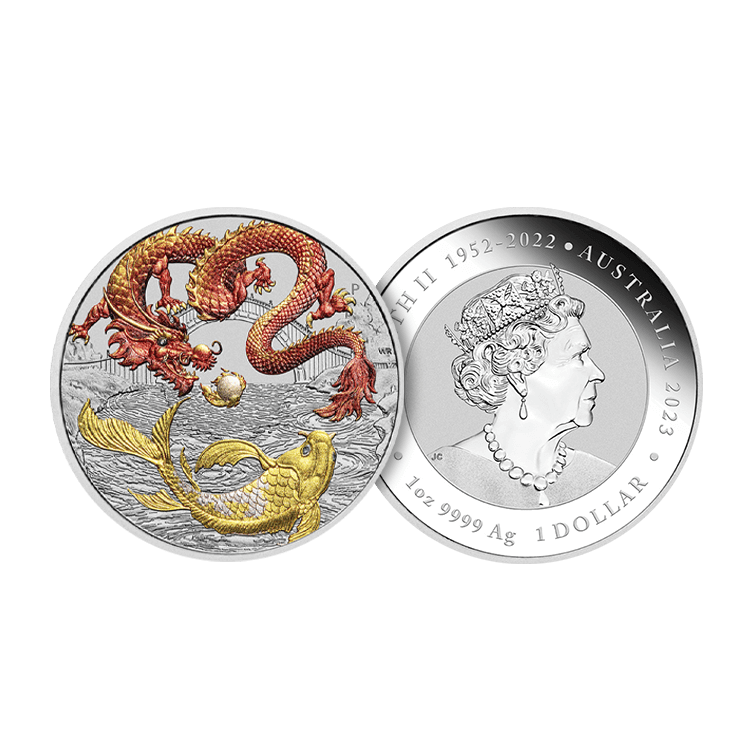 1 troy ounce zilveren Chinese Myths and Legends - red Dragon & Koi munt 2023 perspectief 1