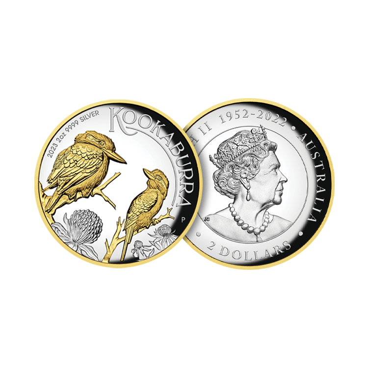 2 troy ounce silver coin Kookaburra gilded 2023 proof angle 1
